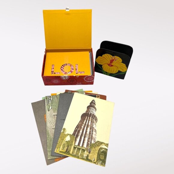 Handmade India Greeting Cards Set with Box and Painted Wood Holder - Picture 1 of 7